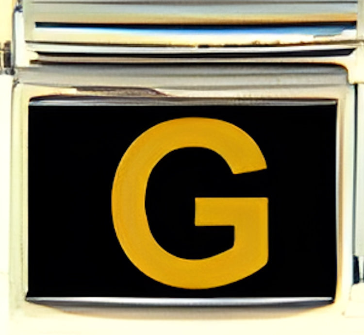 Gold Colored Block Letter G with Black Background Photo Charm