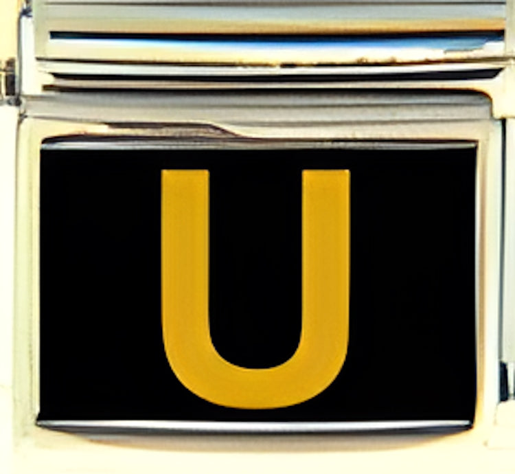 Gold Colored Block Letter U with Black Background Photo Charm