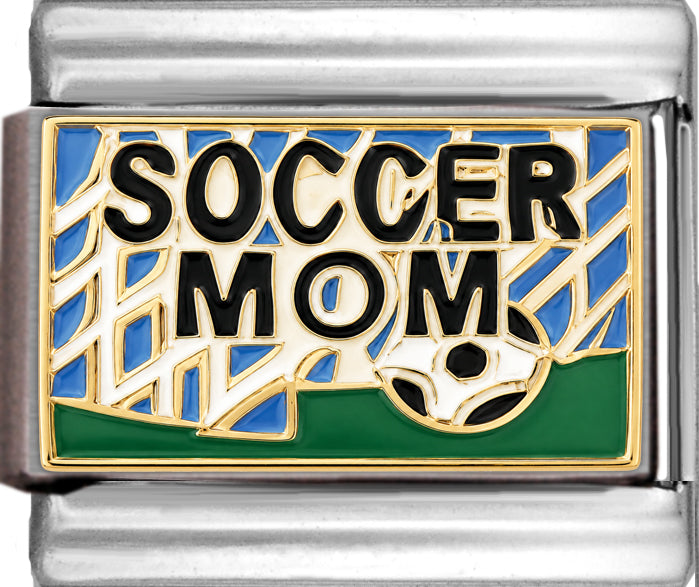 Soccer Mom with Ball and Goal in Background Black Text