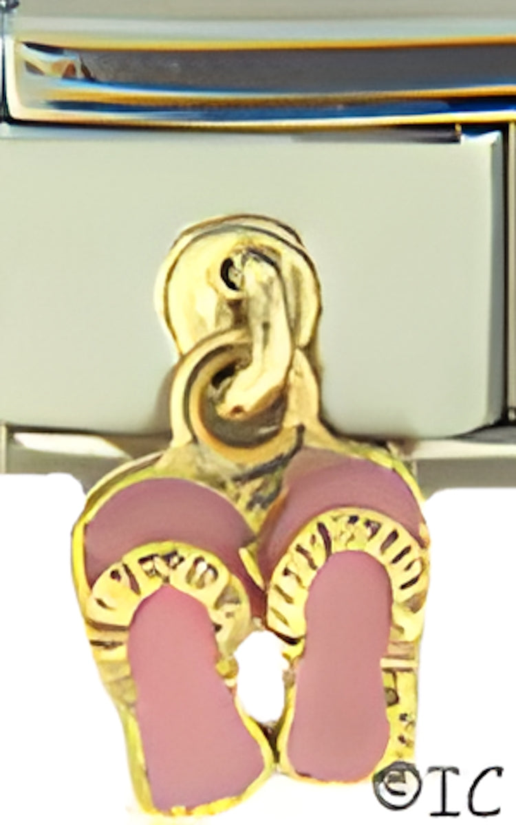 Dangle Pair of Pink Flip Flops with Gold Strap