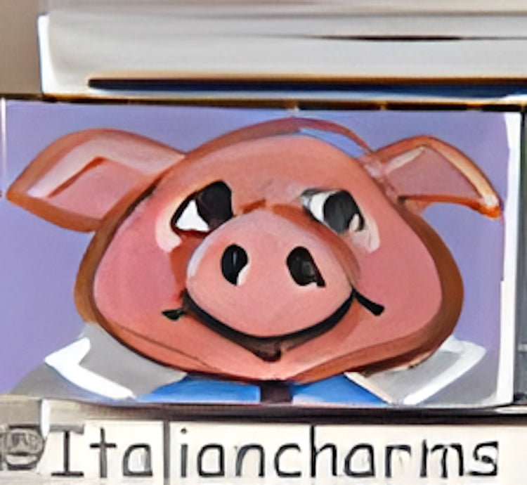 Hand Painted Pig with Collar and Blue Bow on Purple