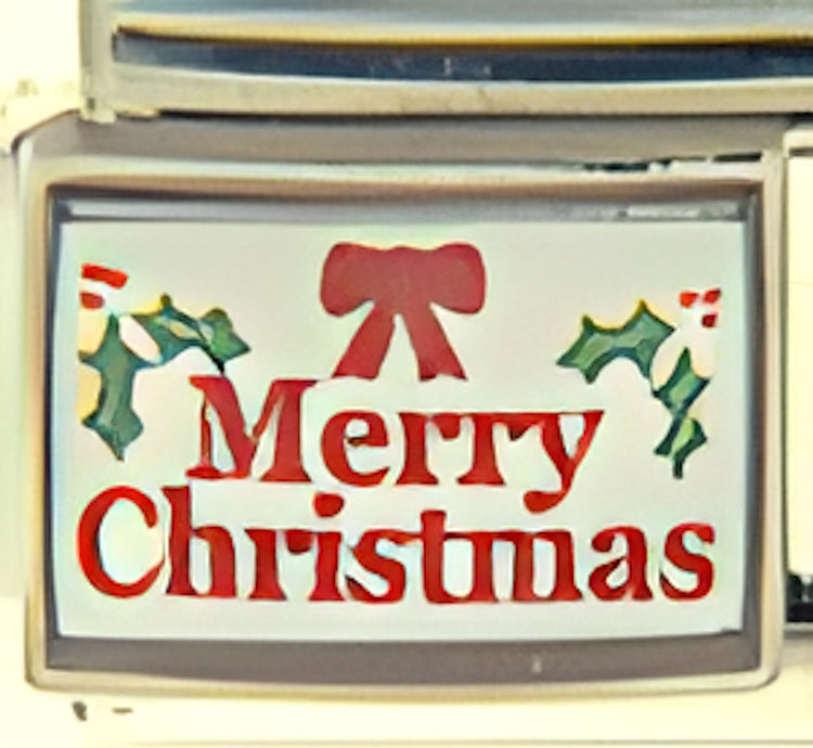 Merry Christmas with Holly on White Photo Charm