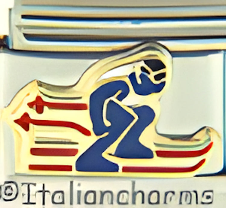 Blue Skier with Red Skis