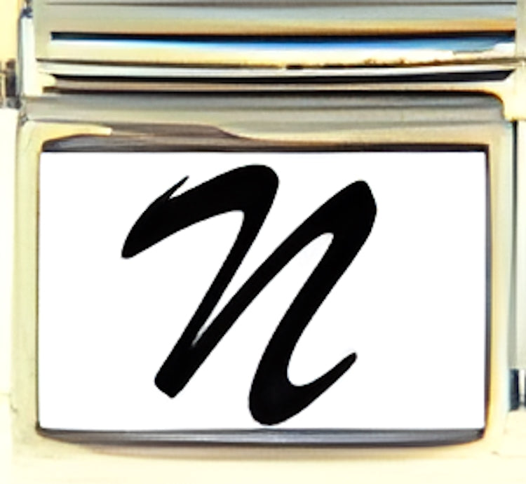 Black Script Letter N with White Background Photo Charm