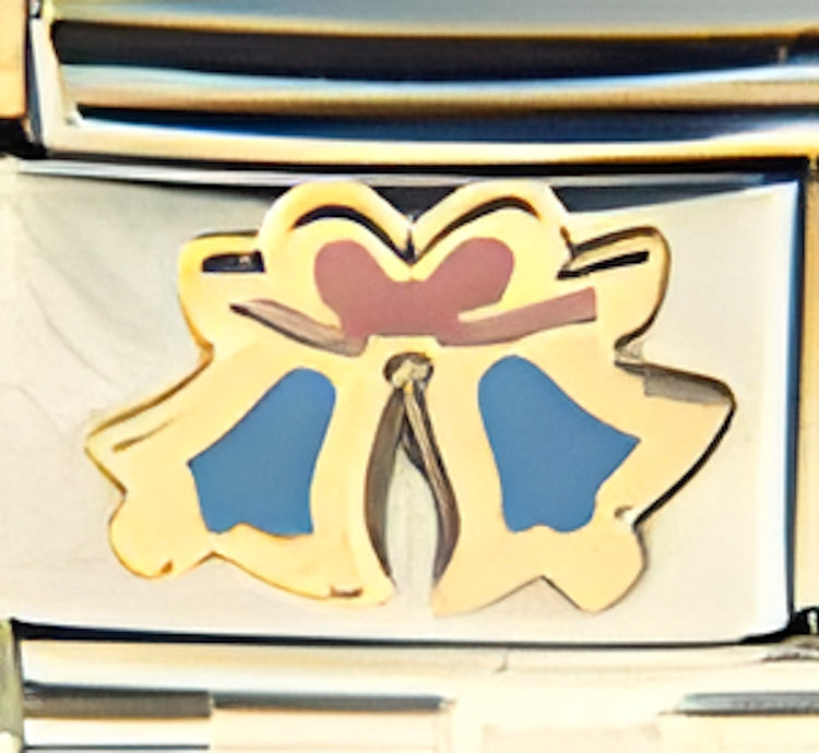Blue Wedding Bells with Pink Ribbon