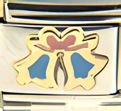 Blue Wedding Bells with Pink Ribbon