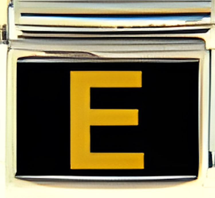 Gold Colored Block Letter E with Black Background Photo Charm