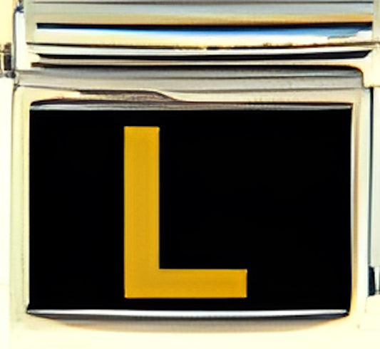 Gold Colored Block Letter L with Black Background Photo Charm