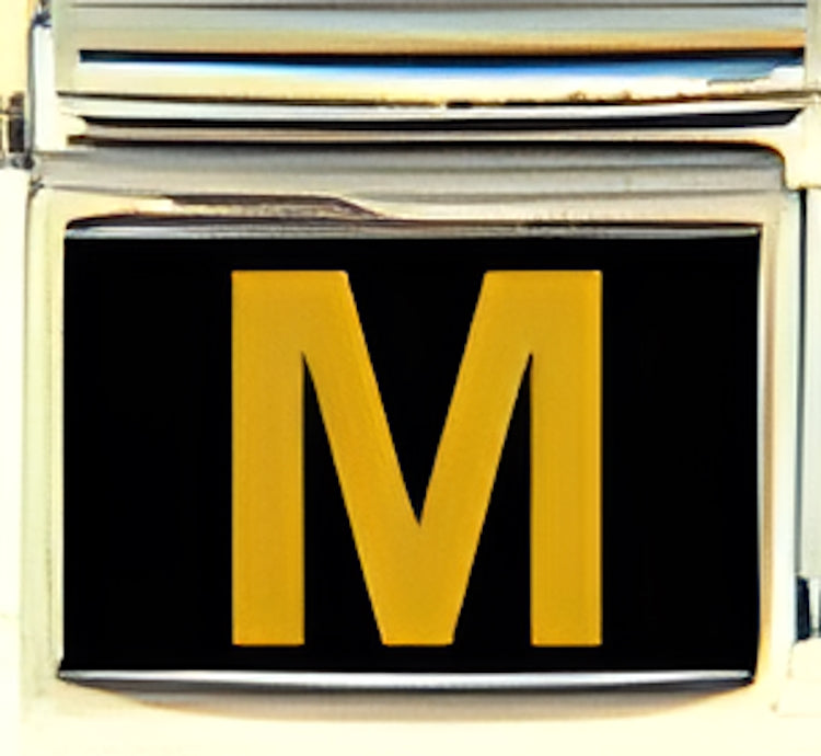 Gold Colored Block Letter M with Black Background Photo Charm