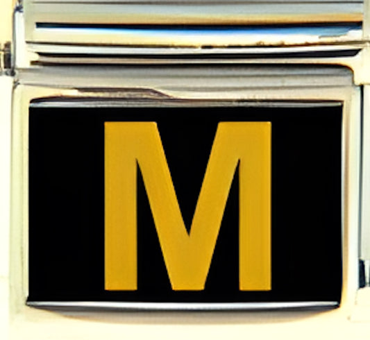 Gold Colored Block Letter M with Black Background Photo Charm