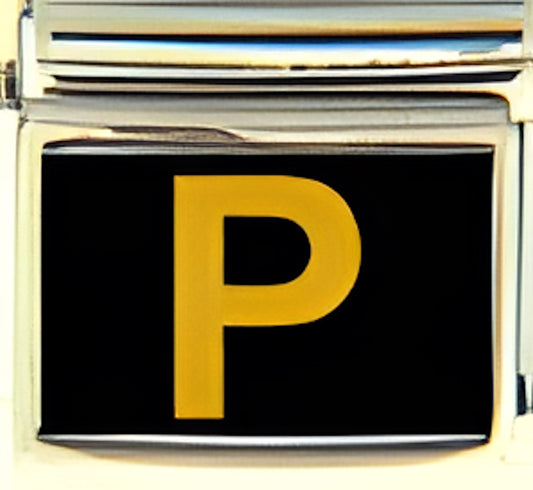 Gold Colored Block Letter P with Black Background Photo Charm