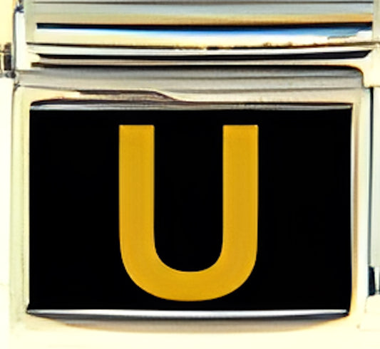 Gold Colored Block Letter U with Black Background Photo Charm