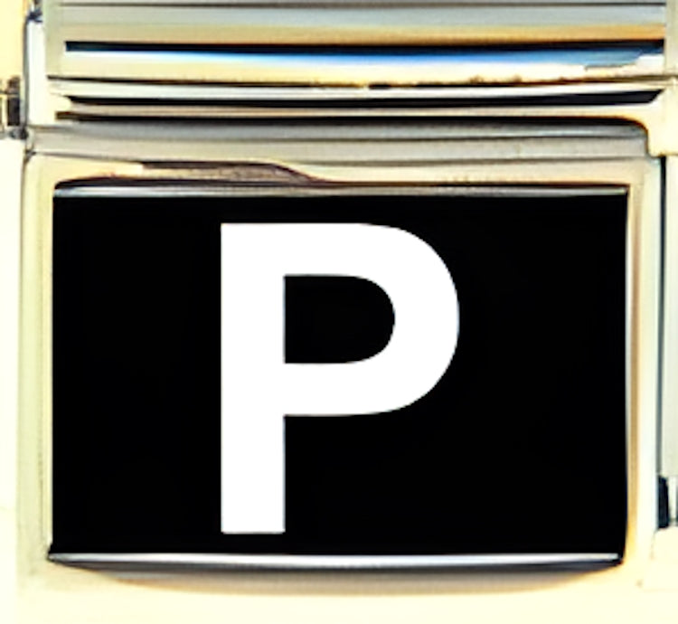 White Block Letter P with Black Background Photo Charm