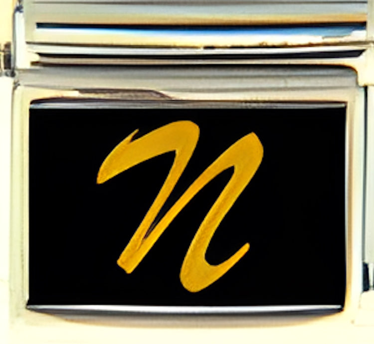 Gold Colored Script Letter N with Black Background Photo Charm