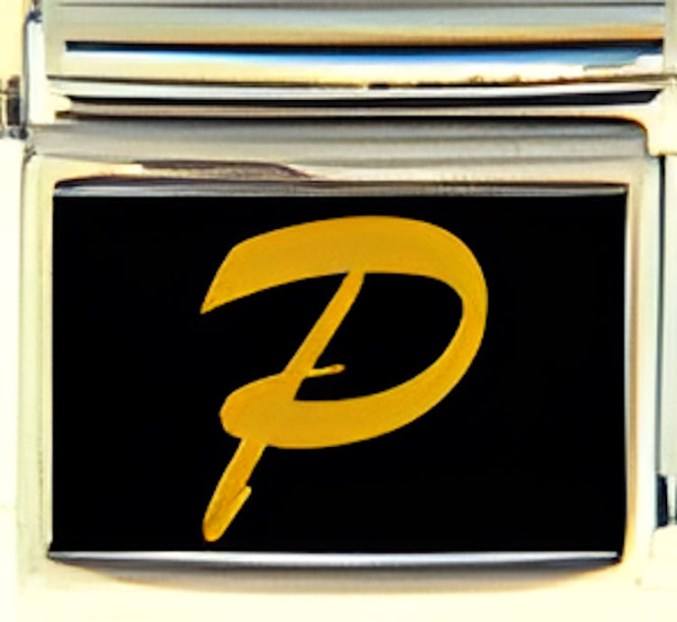 Gold Colored Script Letter P with Black Background Photo Charm