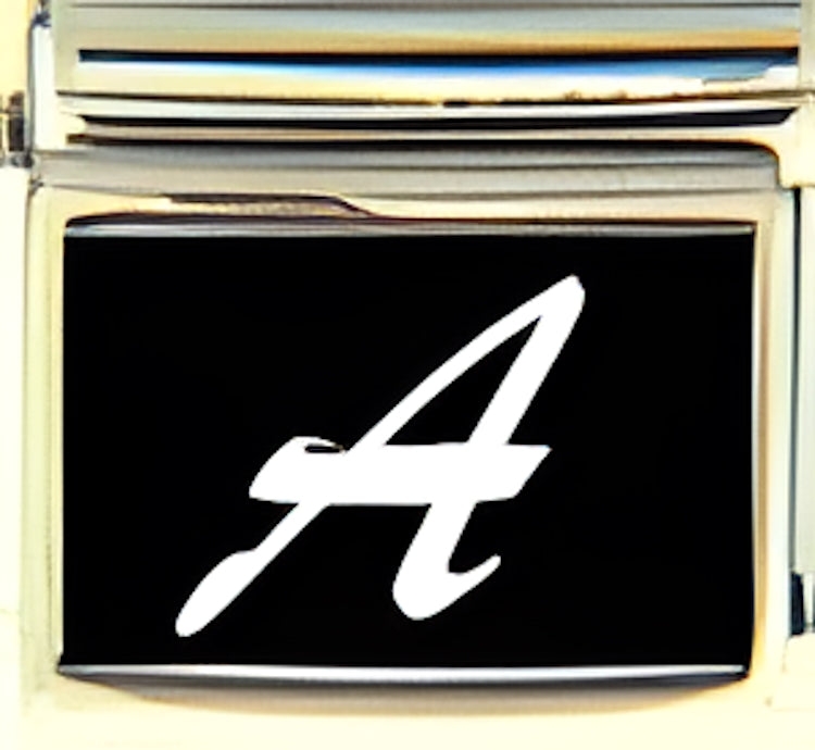 White Script Letter A with Black Background Photo Charm