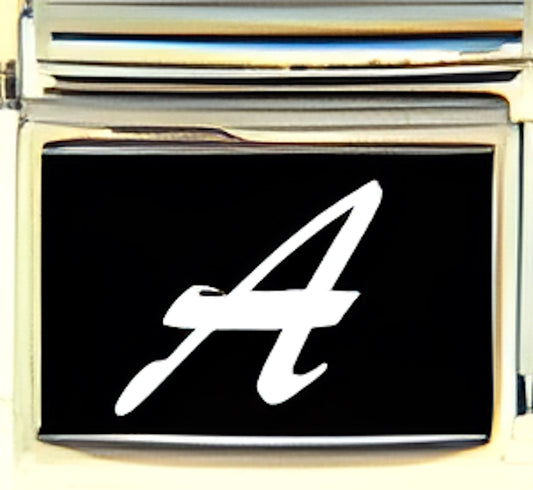 White Script Letter A with Black Background Photo Charm
