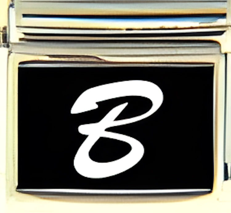 White Script Letter B with Black Background Photo Charm