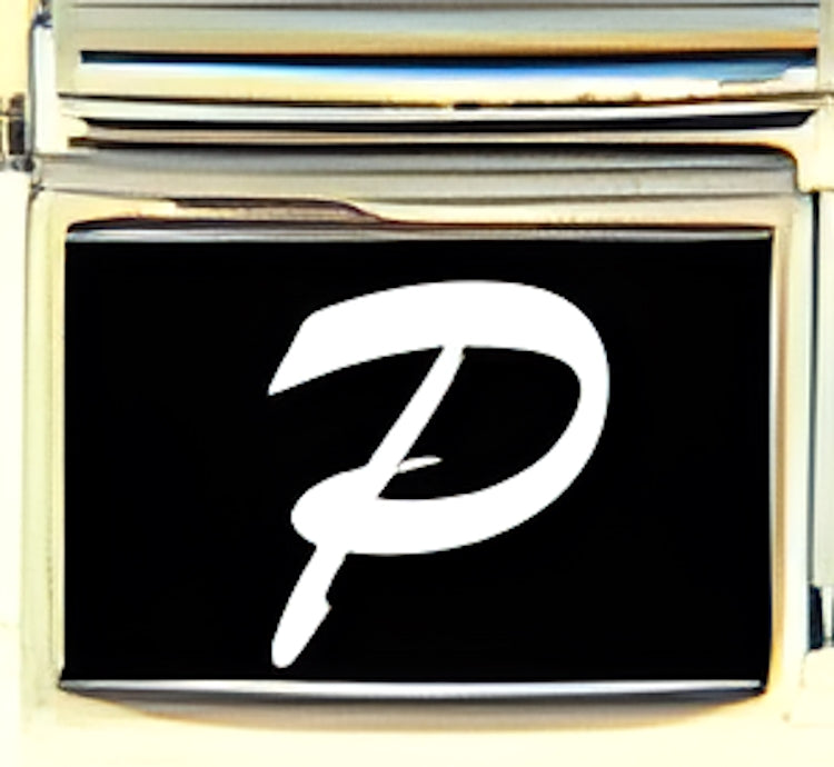 White Script Letter P with Black Background Photo Charm