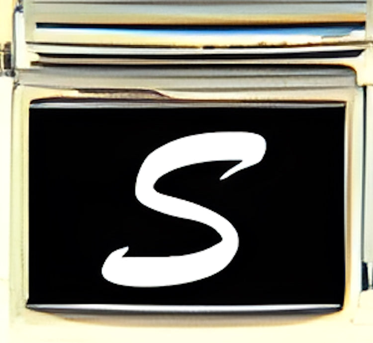 White Script Letter S with Black Background Photo Charm