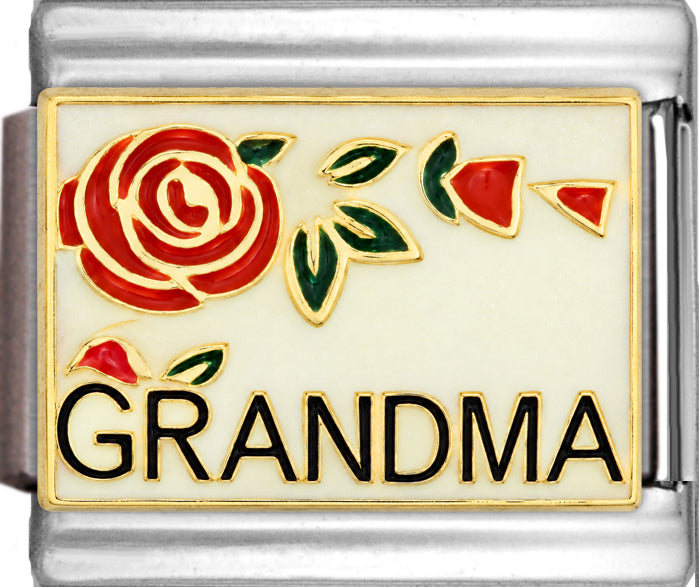 Grandma with Red Rose and Leaves on White