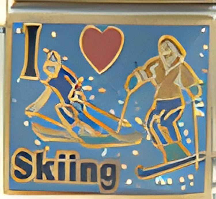 I Love Skiing Against Sparkle Blue with Red Heart