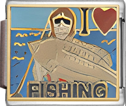 I Love Fishing with Red Heart and Fish on Blue
