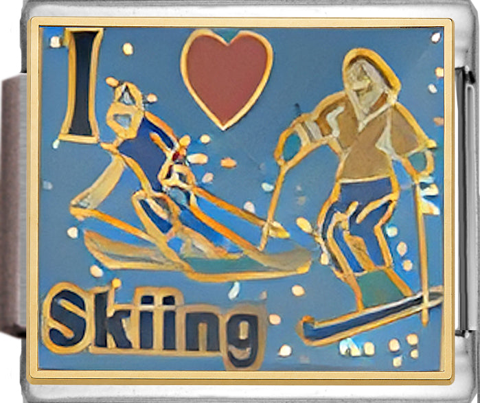 I Love Skiing on Sparkle Blue with Red Heart
