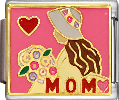 Mom with Heart and Flower Bouquet on Pink