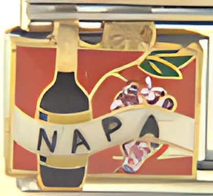 Napa Text with Grapes and Wine Bottle on Red