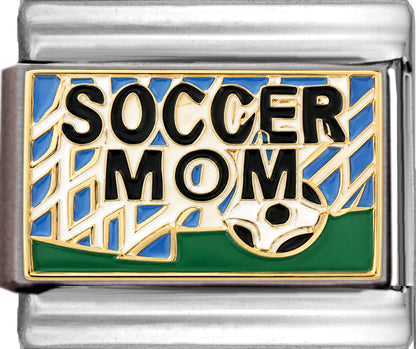 Soccer Mom with Ball and Goal in Background Black Text