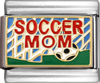 Soccer Mom with Ball and Goal in Background Red Text