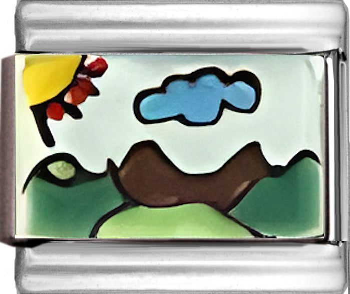 Italian Hand Painted Brown Mountain with Sun and Cloud