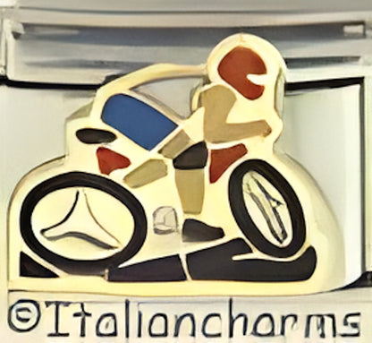 Bicycle Rider with White Shirt and Blue Shorts