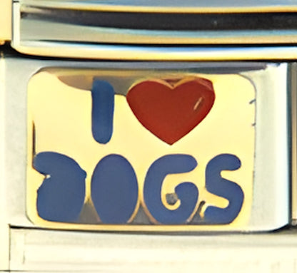 Blue I Love Dogs Text on Gold