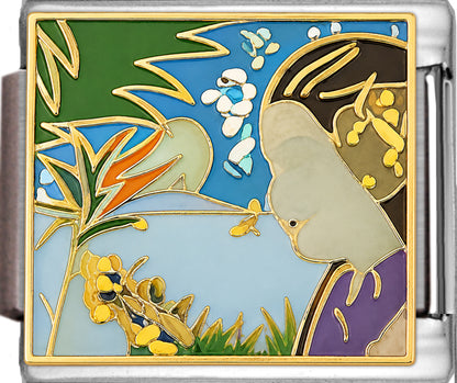 Hawaiian Girl Vintage Scene with Glitter Gold Flowers