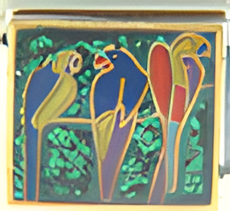 Three Macaw Parrots on Dark Green