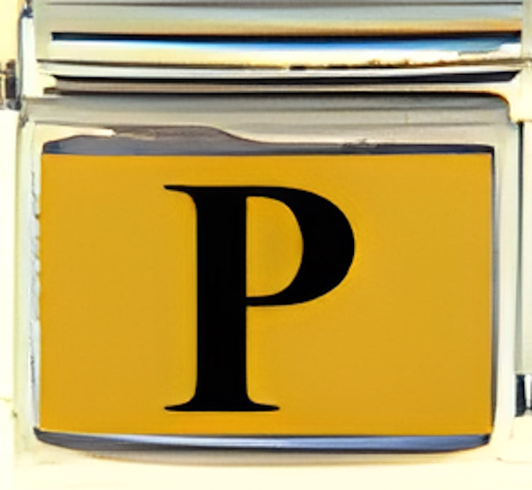 Black Times Letter P with Gold Colored Background Photo Charm