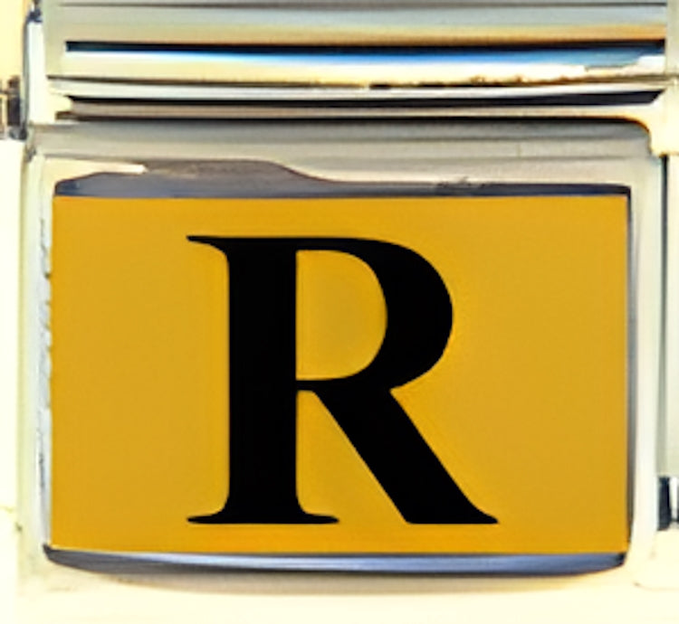 Black Times Letter R with Gold Colored Background Photo Charm