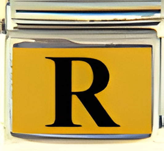 Black Times Letter R with Gold Colored Background Photo Charm