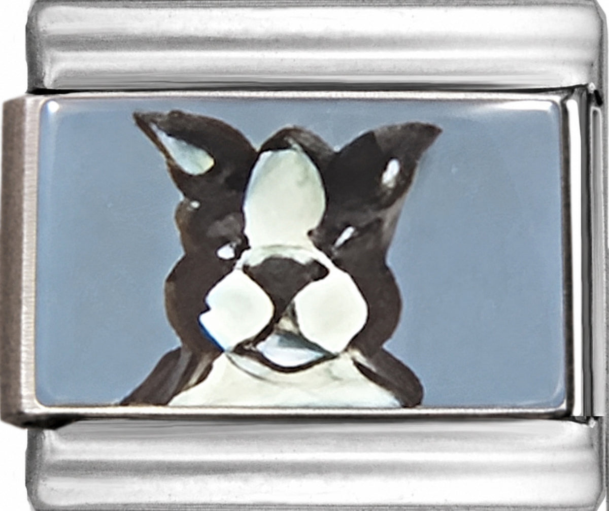 Hand Painted Black and White Dog on Blue
