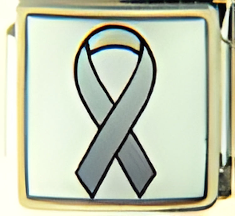 Grey Ribbon for Brain Cancer on White Photo Charm