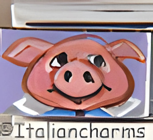 Hand Painted Pig with Collar and Blue Bow on Purple