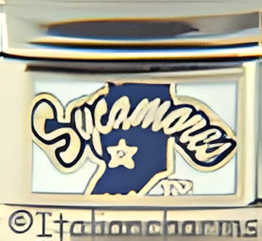Indiana State Sycamores Text on White with Blue Logo