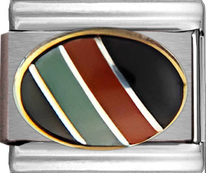 Diagonal Green Red Stripes on Black Oval Stone