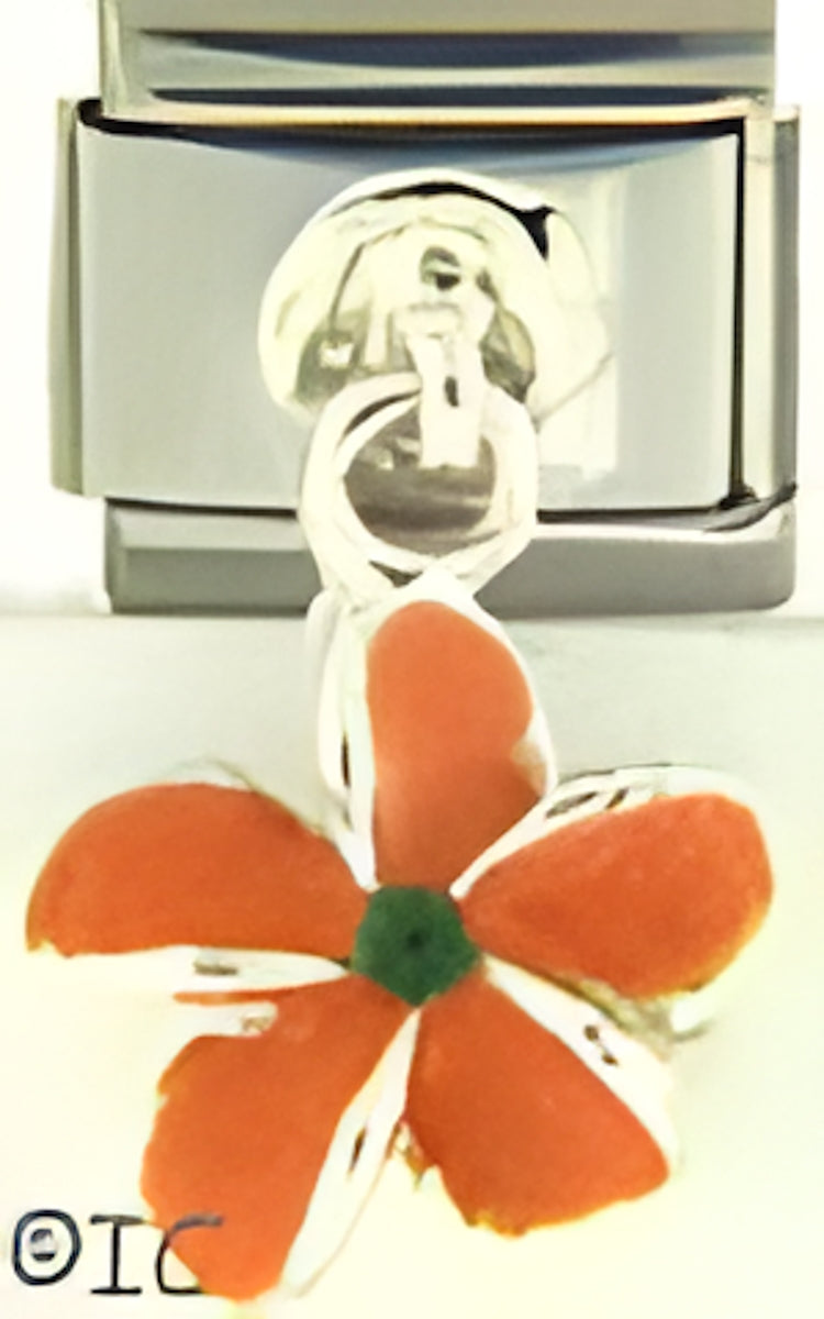 Sterling Silver Dangle Orange Plumeria with Green Center
