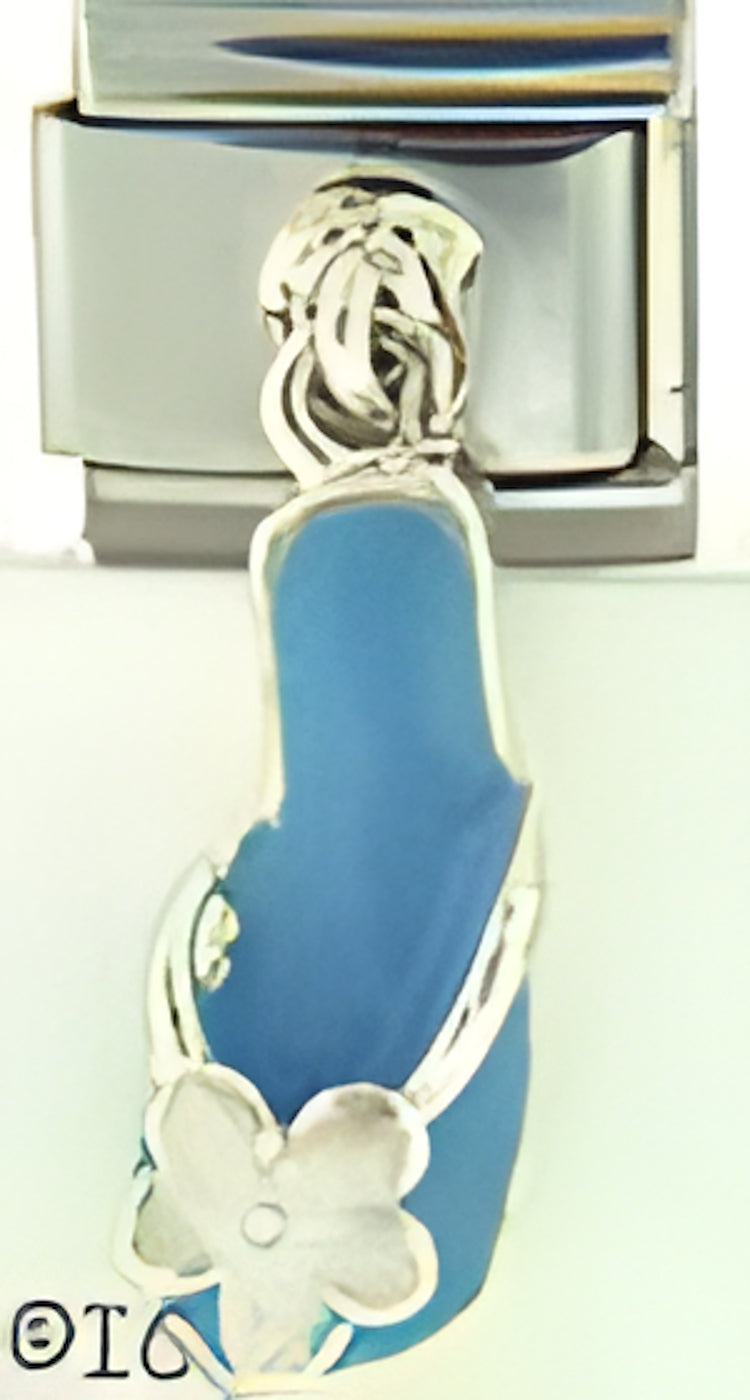 Sterling Silver Dangle Light Blue Flip Flop with White Flower