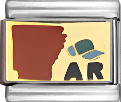 Red Arkansas Outline with AR on Gold