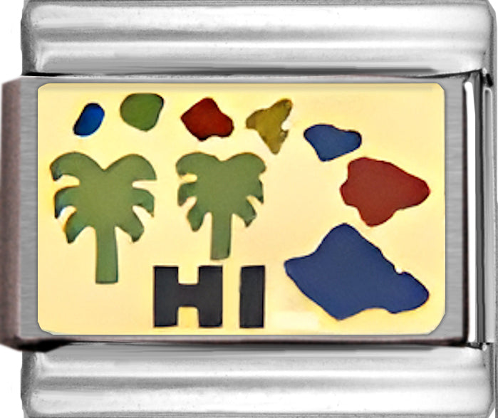 Red and Blue Hawaiian Islands Outline with HI on Gold
