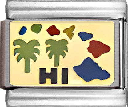 Red and Blue Hawaiian Islands Outline with HI on Gold